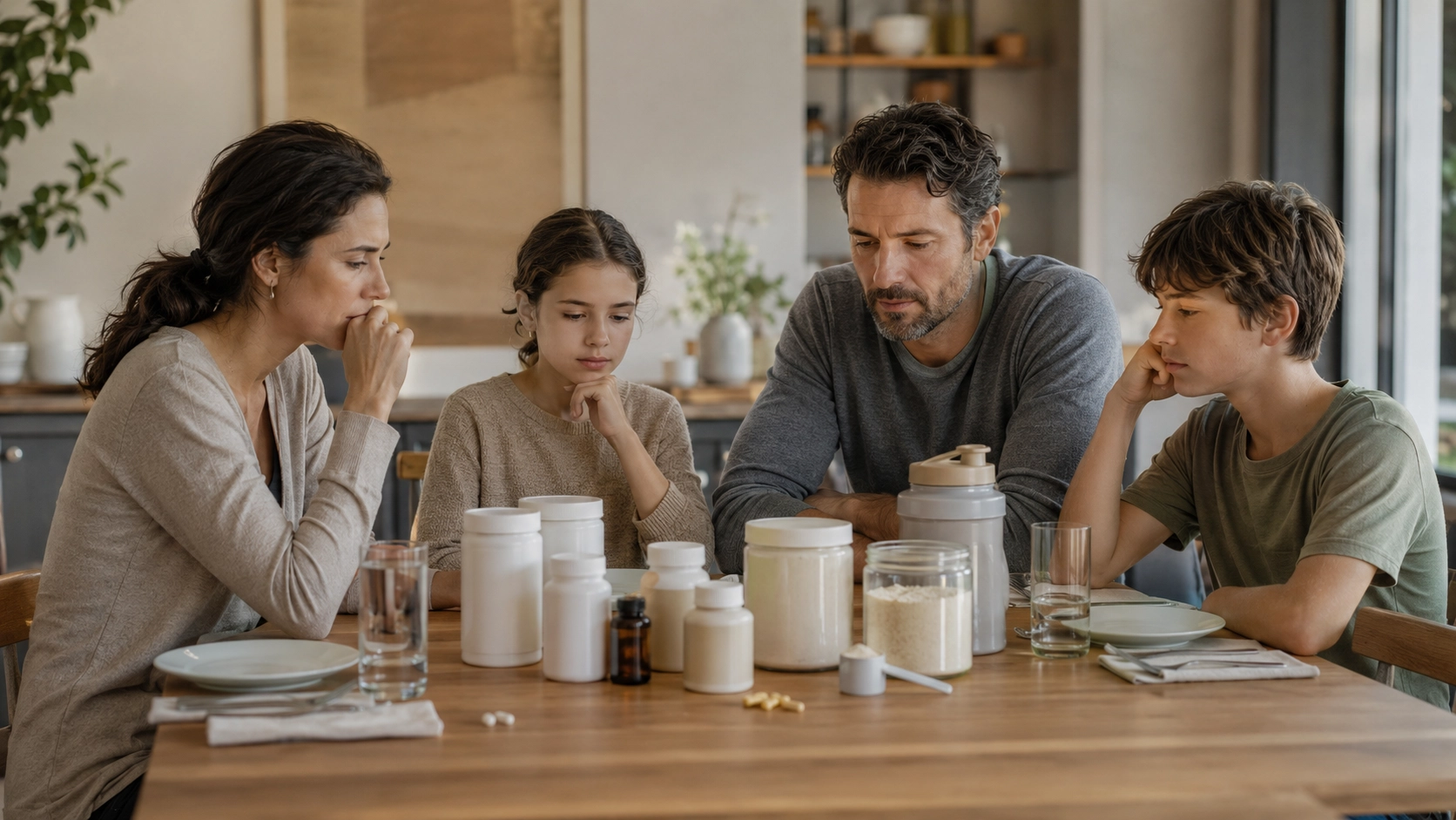 Familia sentada en la mesa con suplementos y cápsulas como sustitutos de comida