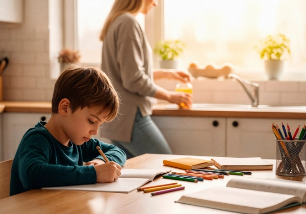 Niño estudiando en casa