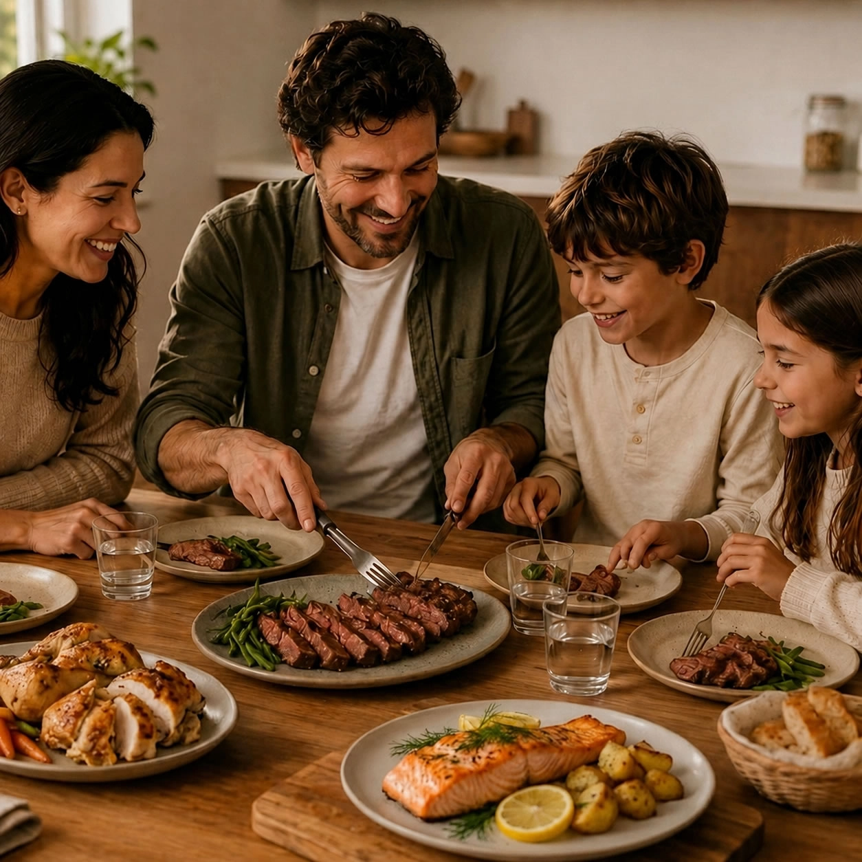 Familia compartiendo comida real con proteína natural en una mesa de casa